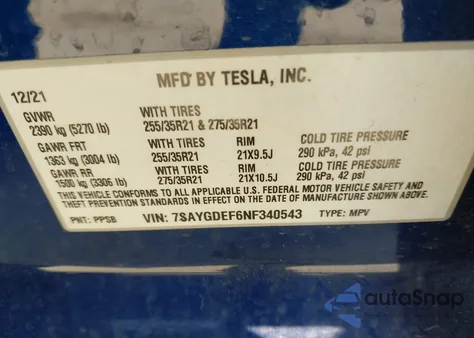 2022 Tesla Model Y Performance Dual Motor All-Wheel Drive z USA, uszkodzony, nr VIN 7SAYGDEF6NF340543